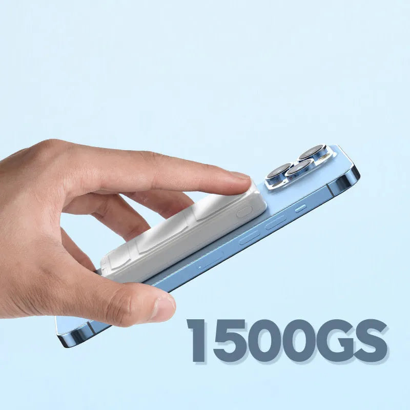 Magnetic wireless charging power bank with folding stand open, showing colour options on a table.