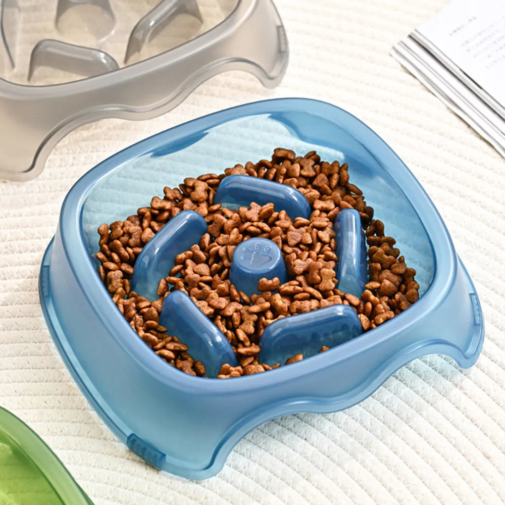 Plastic dog slow feeder bowl in blue gray green or orange for anti-choking pet feeding