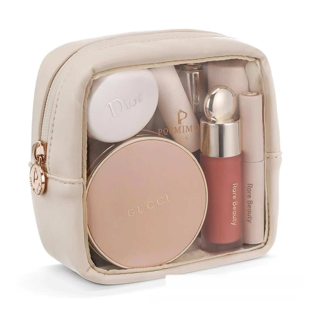 Transparent PVC leather cosmetic bag showing interior compartments for dry wet separation