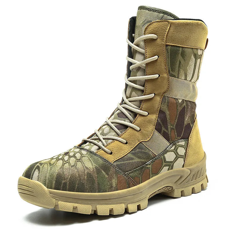 Men's black high-top combat boots with mesh upper and totem detailing in UK size 44