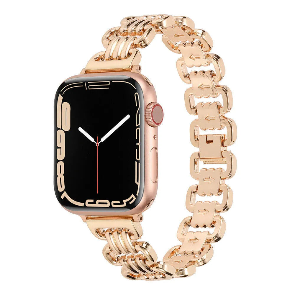 Alloy metal Apple Watch bracelet in silver, black, gold, rose gold, and Starlight colour options.