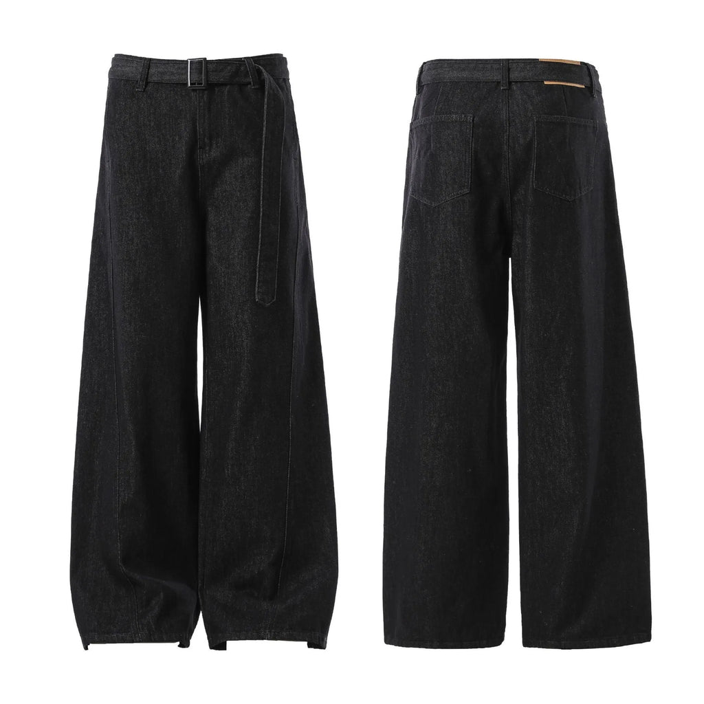 Black straight leg jeans with high waist and subtle gold metallic details, zip fly fastening