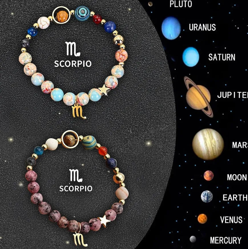 Twelve zodiac sign natural stone beaded bracelets on adjustable cords, showing astrological symbol charms.