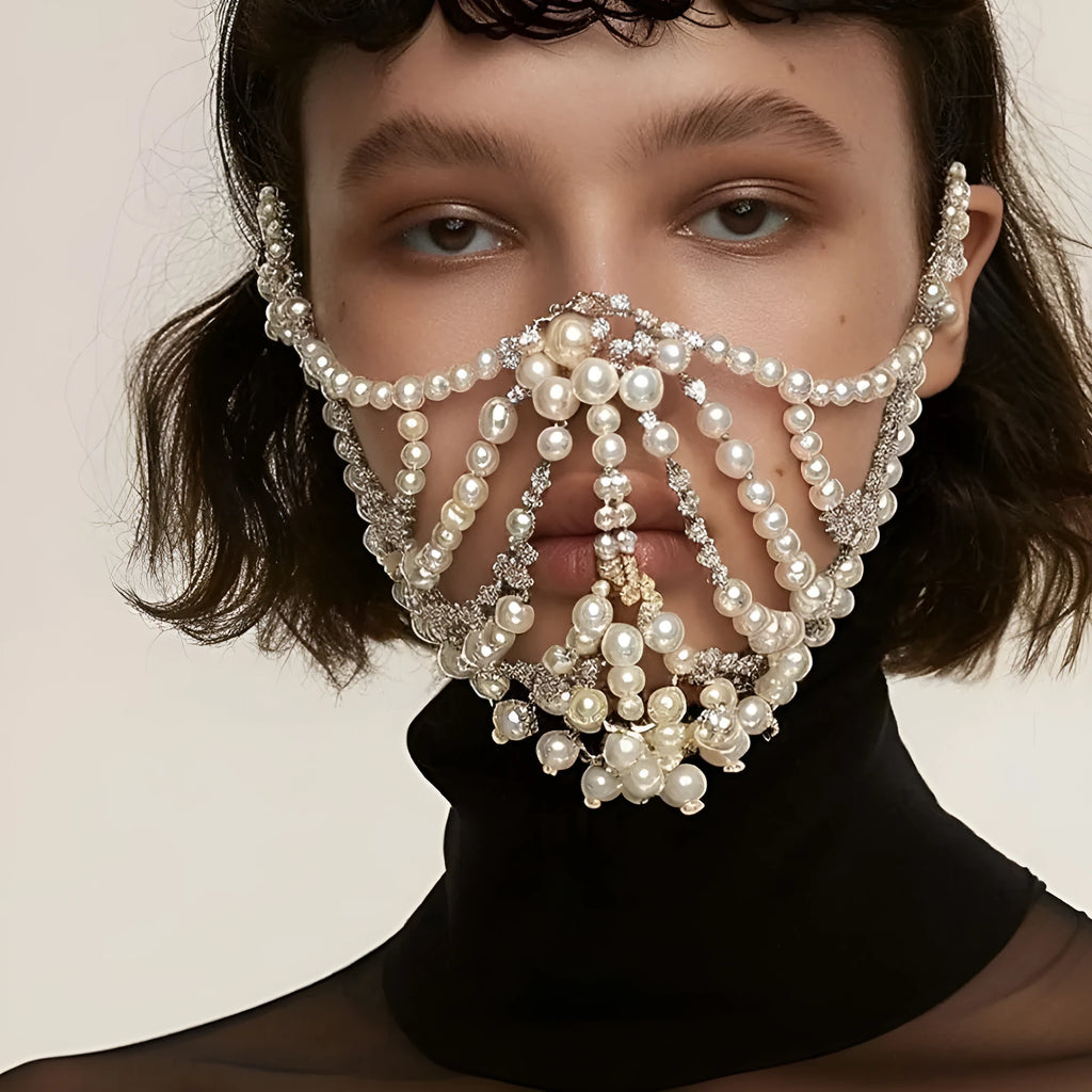 Geometric alloy party mask with rhinestone patchwork detailing in gold or silver electroplated finish