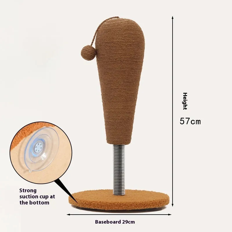 Jute rope cat scratching post with integrated catnip ball, available in large and small sizes.