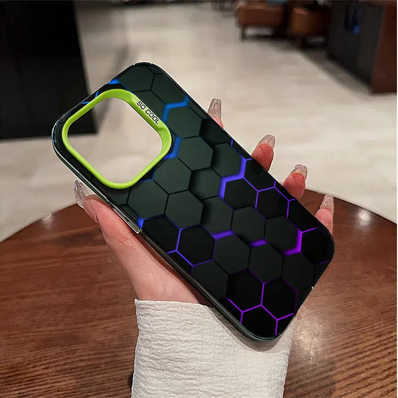 Frosted protective iPhone case with honeycomb square pattern in contrasting colour on black background