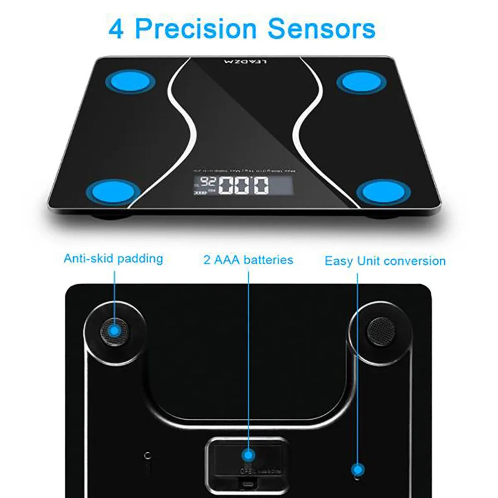 Black electronic body scale with digital LCD display for weight measurement up to 180kg