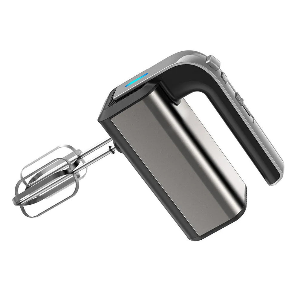 Silver handheld electric mini whisk with stainless steel beaters and 5-speed settings.