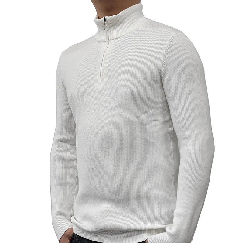Men's grey half-turtleneck zip-up sweater on a hanger, showing front zip and long sleeves.