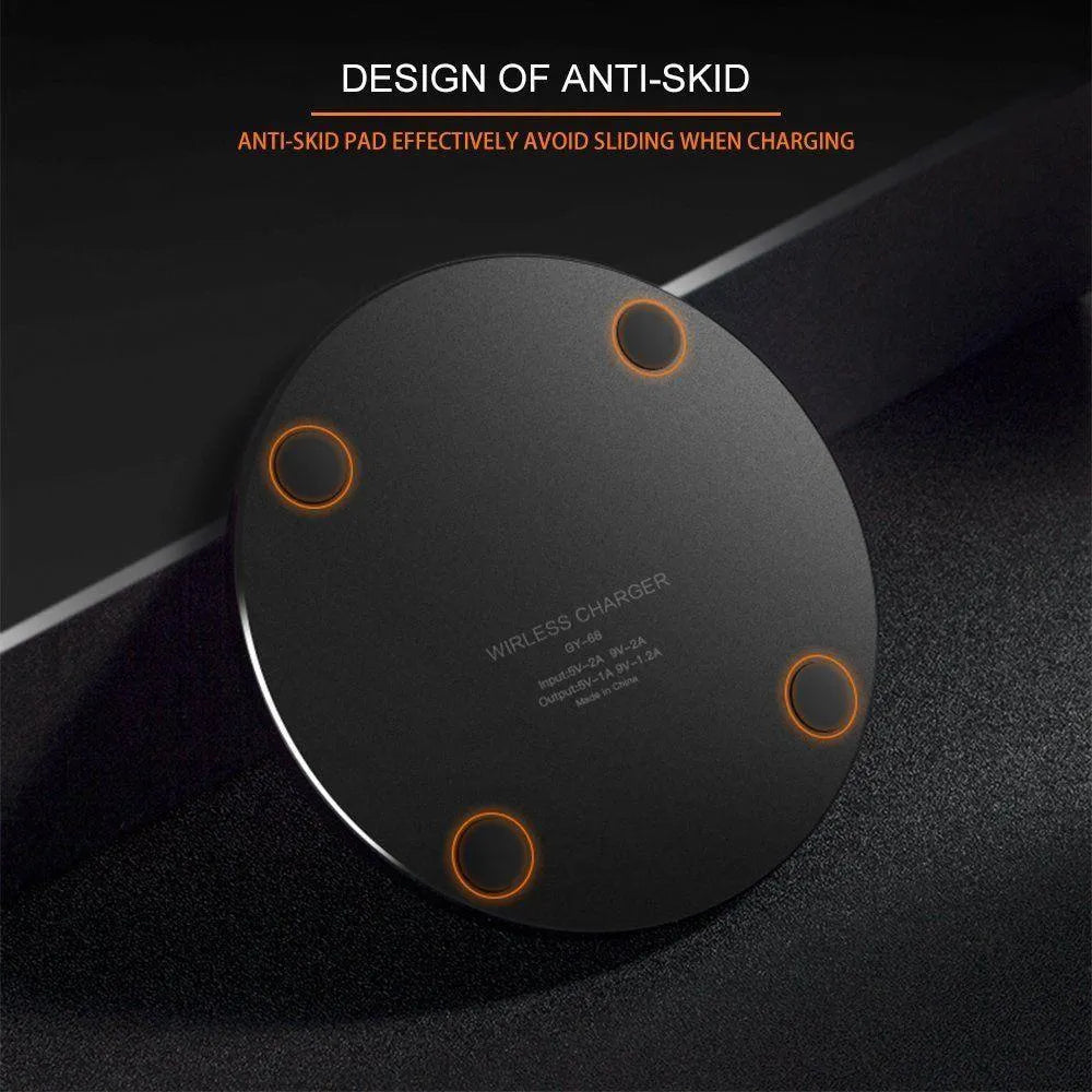 Black square wireless charging pad with ultra-thin 6.5mm profile showing 9V QI fast charging capability