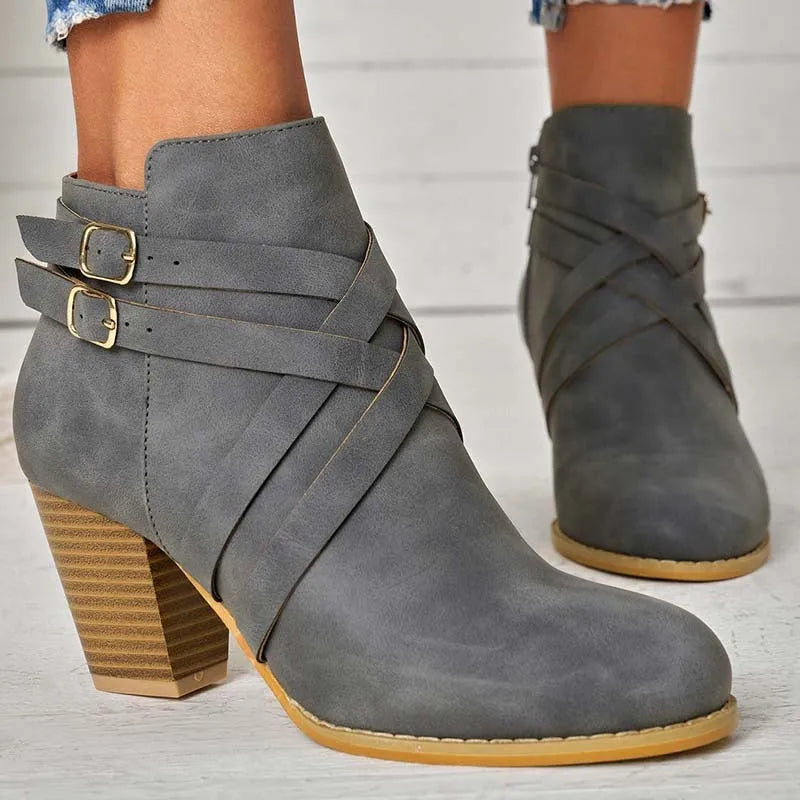 Plus size women's grey short ankle boots with 7cm chunky heel and side zipper detail