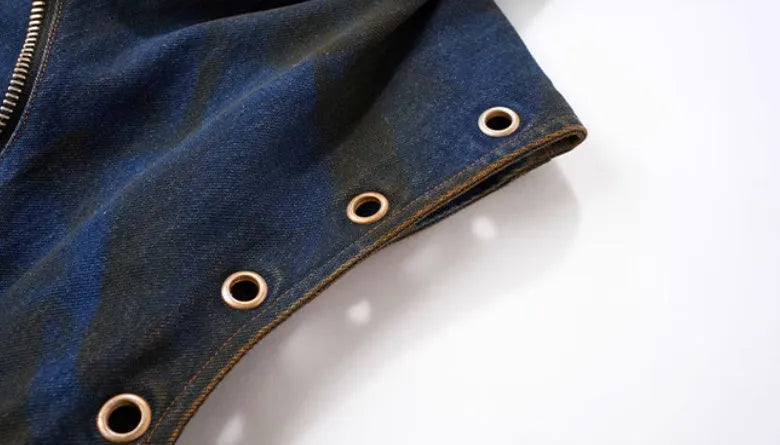 Blue Korean-style hooded denim vest coat with matching trousers, front zip closure