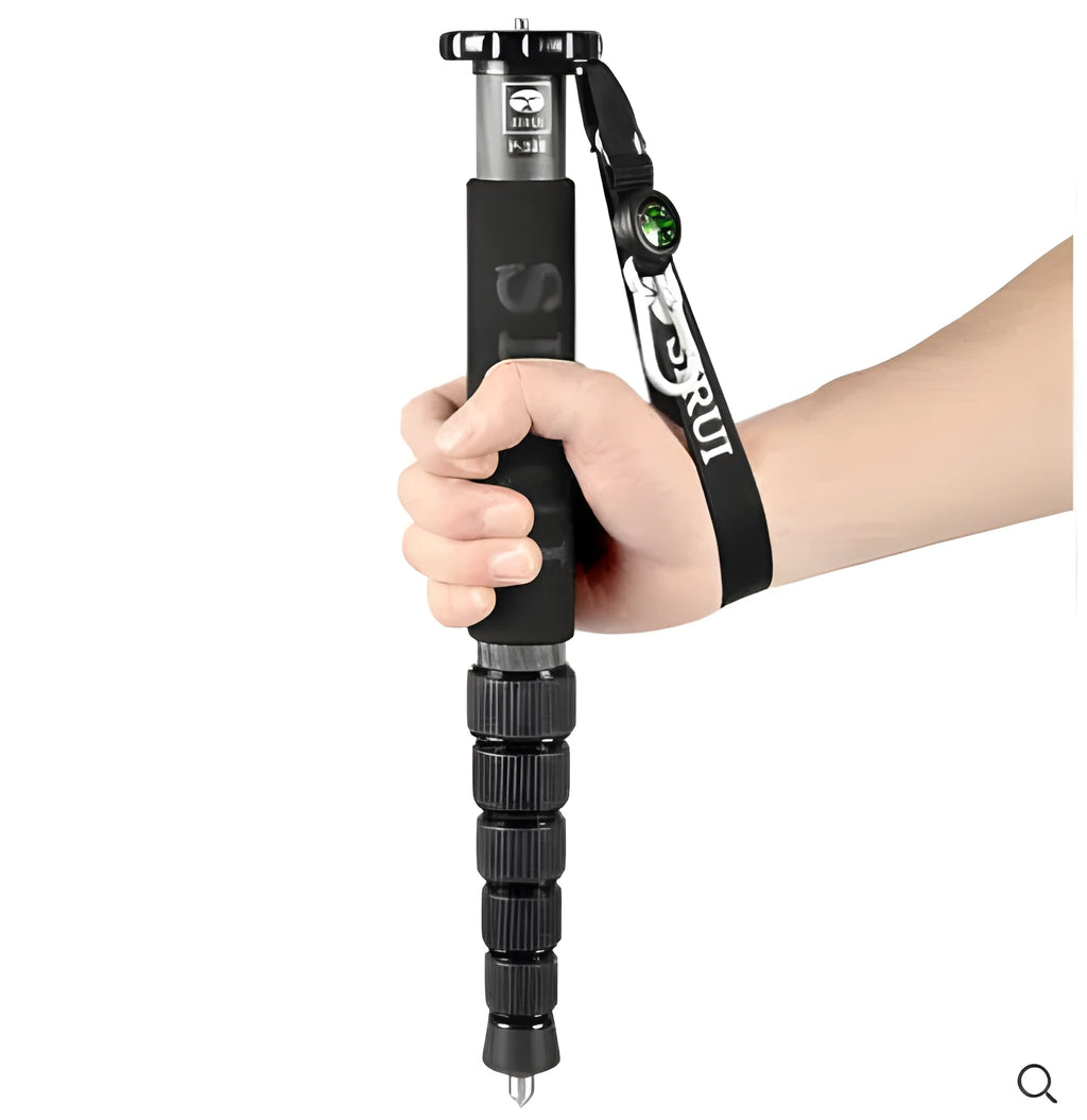 Black carbon fibre SLR camera monopod extended to maximum 1540mm height