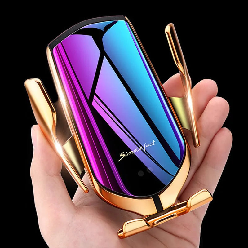 Car holder mobile phone wireless charger with Qi standard, 10W 7.5W 5W output, Micro USB interface, gold and silver options.