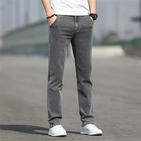 Men's smoky grey low waist straight leg jeans with high elasticity rabbit fur fabric
