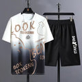 Men's light grey summer suit set with short sleeve T-shirt and matching shorts on hanger