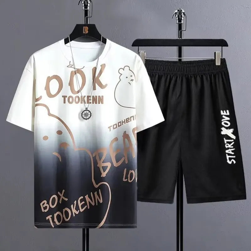Men's light grey summer suit set with short sleeve T-shirt and matching shorts on hanger