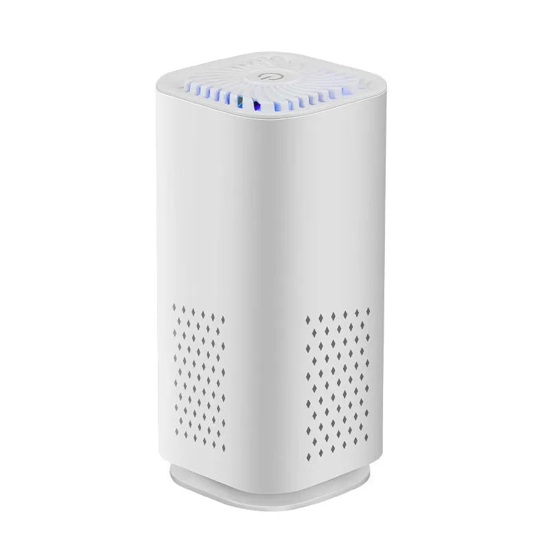 Mini USB car air purifier in black and white colour options for small rooms under 10 square metres