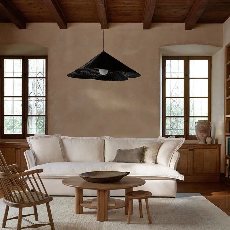 Natural rattan and rice paper ceiling pendant light in zen silent wind style.