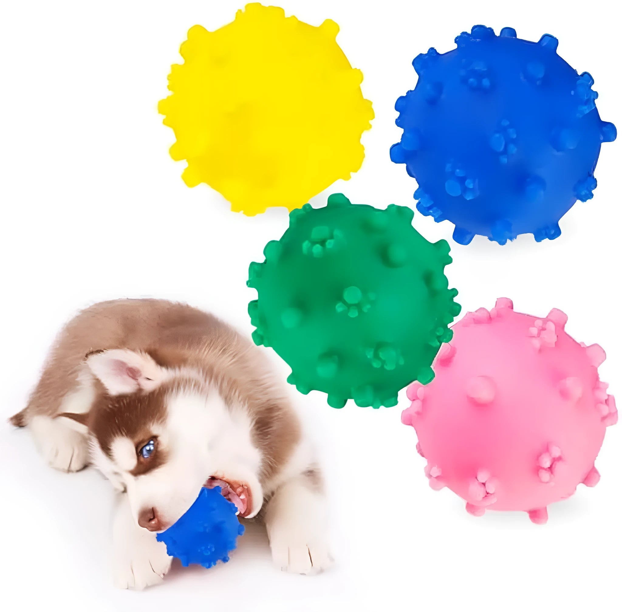 Blue spiky squeaky dog toy ball with paw print dimples measuring 2 inches in diameter