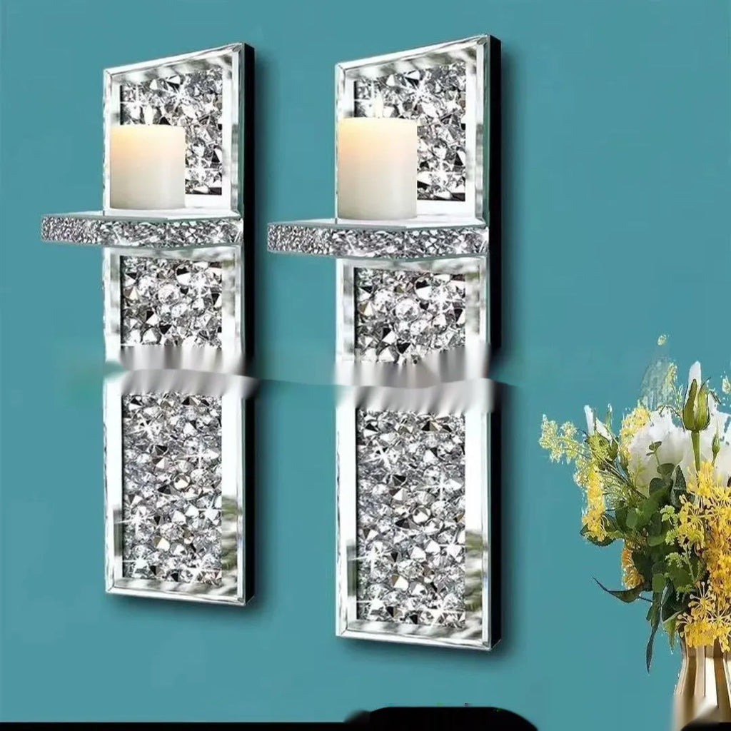 Pair of silver mirror finish glass candle holders with crystal candlestick design for wall hanging