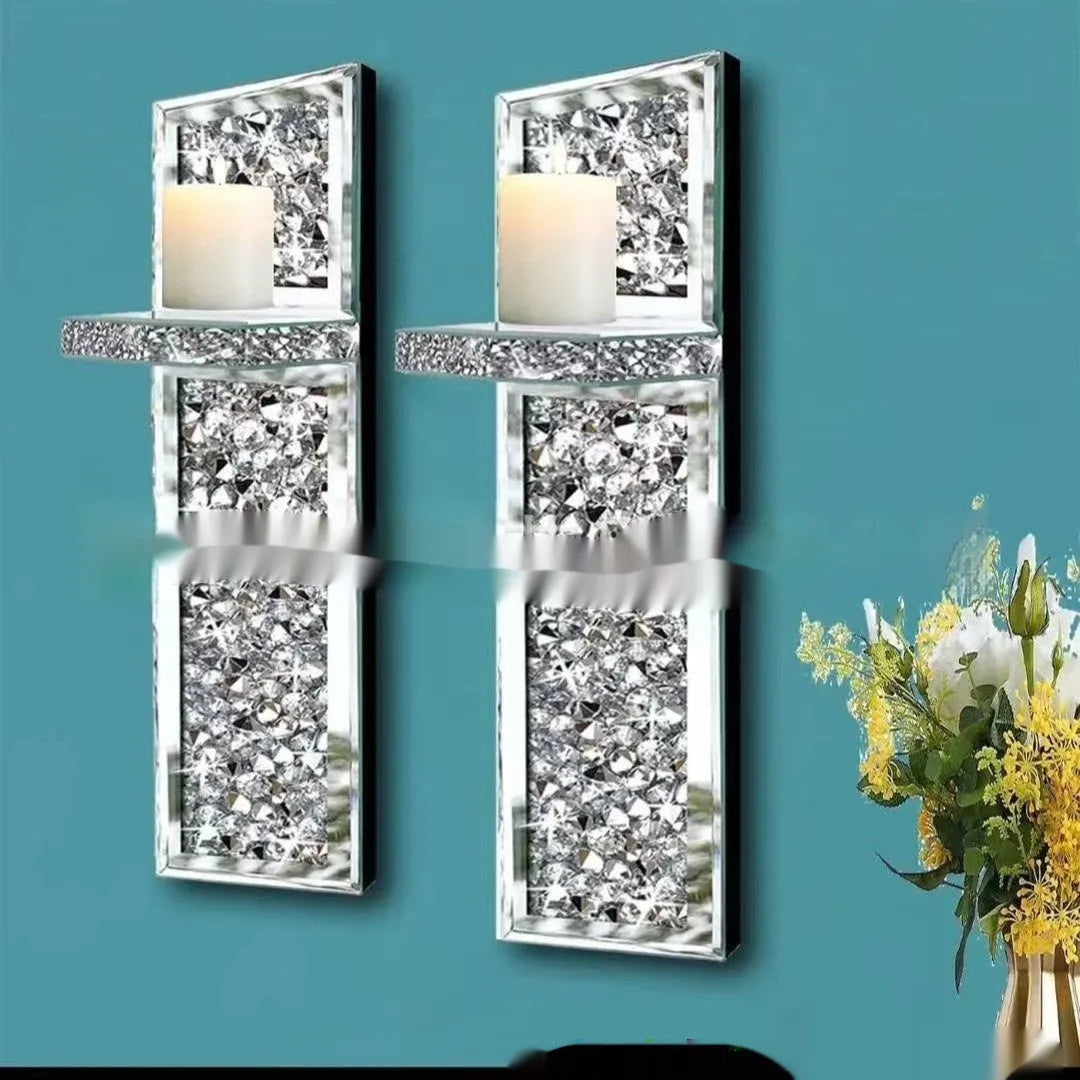 Pair of silver mirror finish glass candle holders with crystal candlestick design for wall hanging