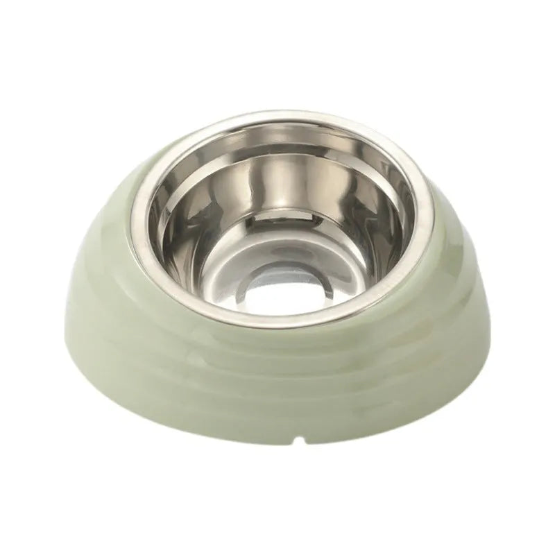 Stainless steel cat bowl with plastic base in beige, brown, or light green colour options