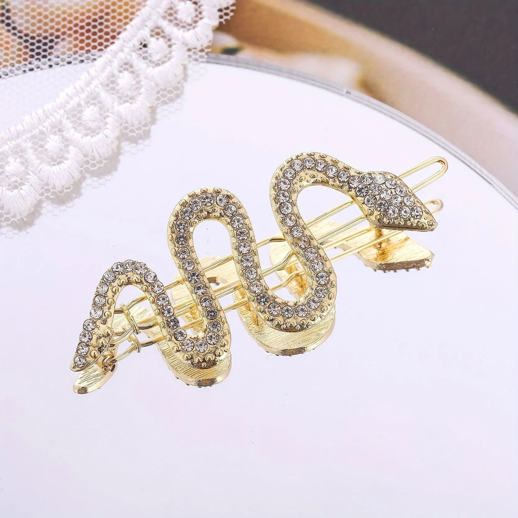 Korean vintage snake hair barrettes with rhinestone court styling in gold or silver electroplated finish