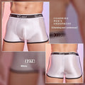 Man wearing shiny silky black nylon boxers, a pair of men's breathable underwear