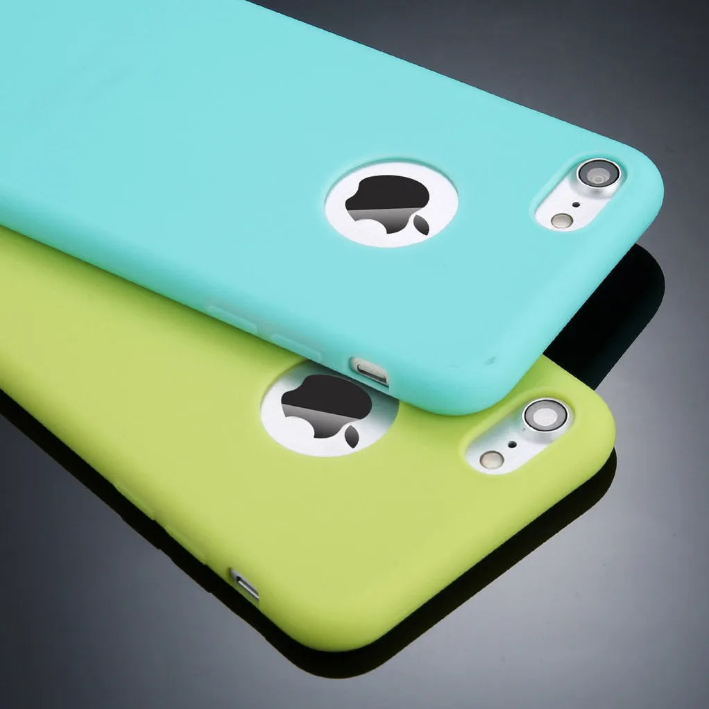 Soft plain silicon TPU phone case for iPhone in candy colours: blue, pink, red, green, black, navy blue.
