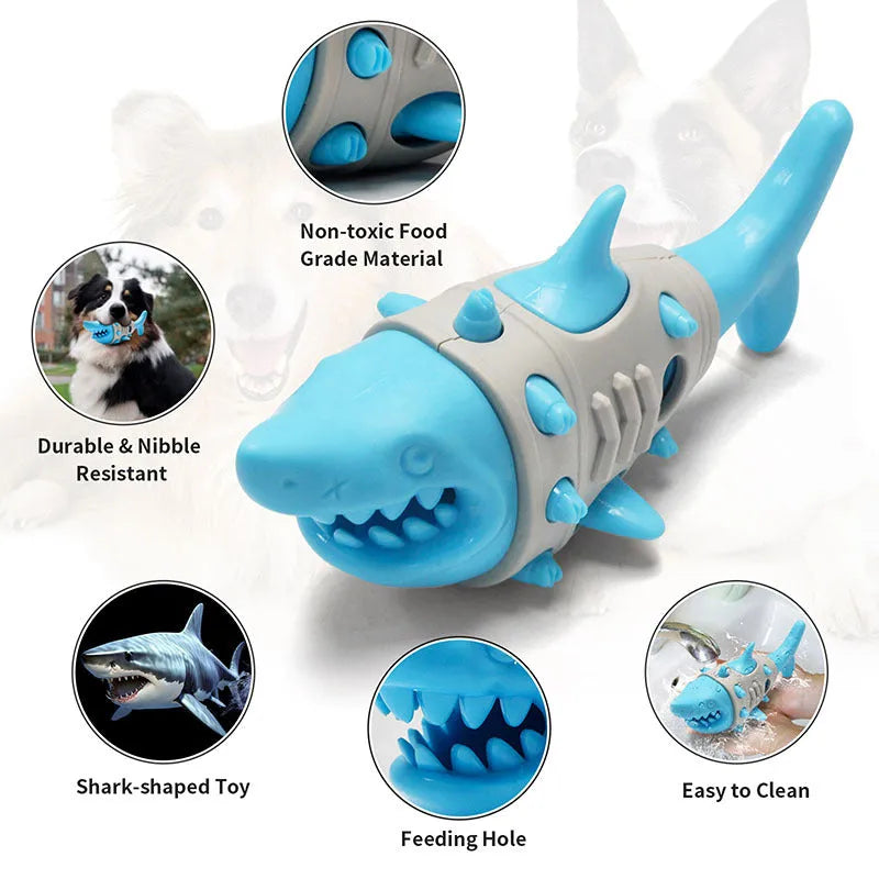 Blue, grey, and yellow dog chew toy with textured shark-tooth nubs and bite-resistant channels.