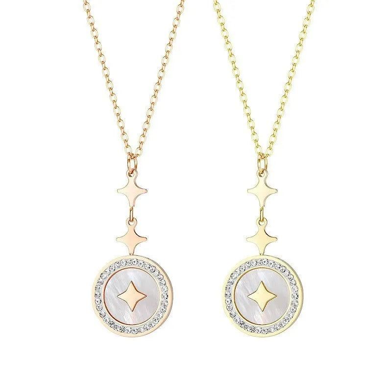 Close-up of a hexagonal six-pointed star titanium steel pendant necklace on a gold O-ring chain.