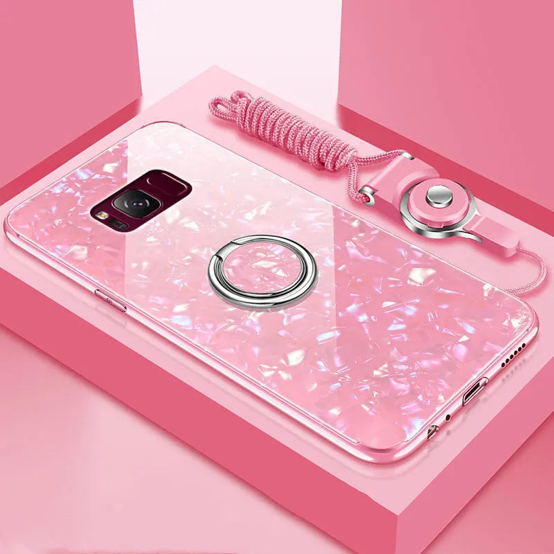 Tempered glass phone case for Samsung S8 and S9 in solid colours: black, pink, red, white.