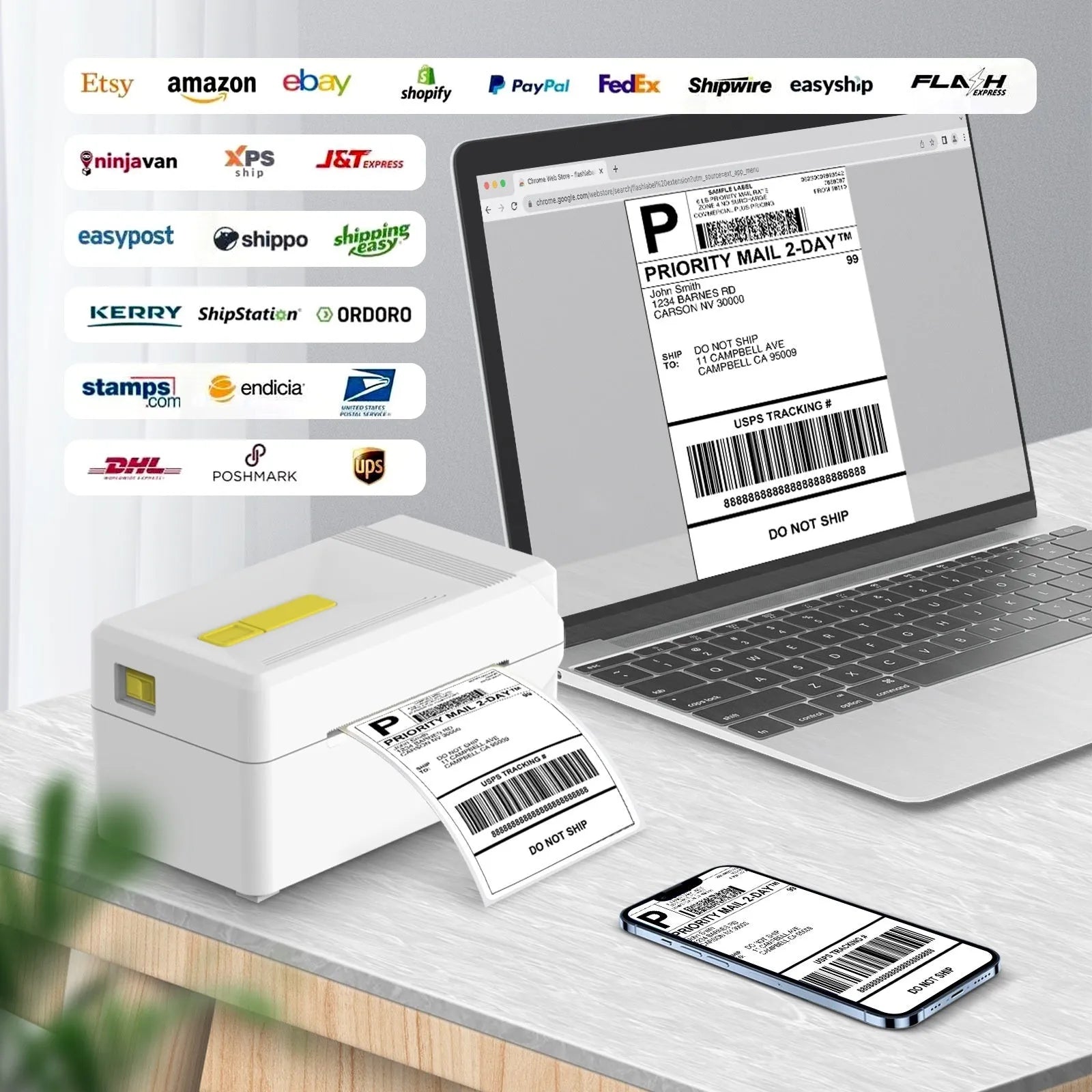 FlashLabel thermal express order label printer with USB connection on a desk.