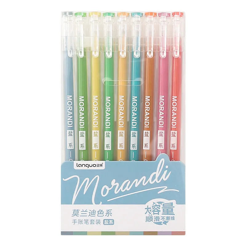 Retro gel pen set with nine coloured pens in plastic storage case
