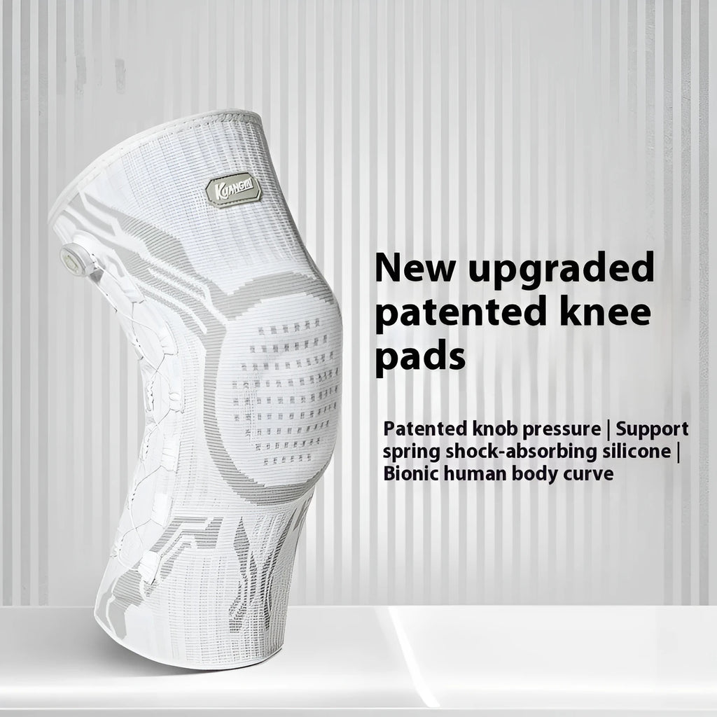Grey and white sports knee pads for adult athletes in M, L, and XL sizing
