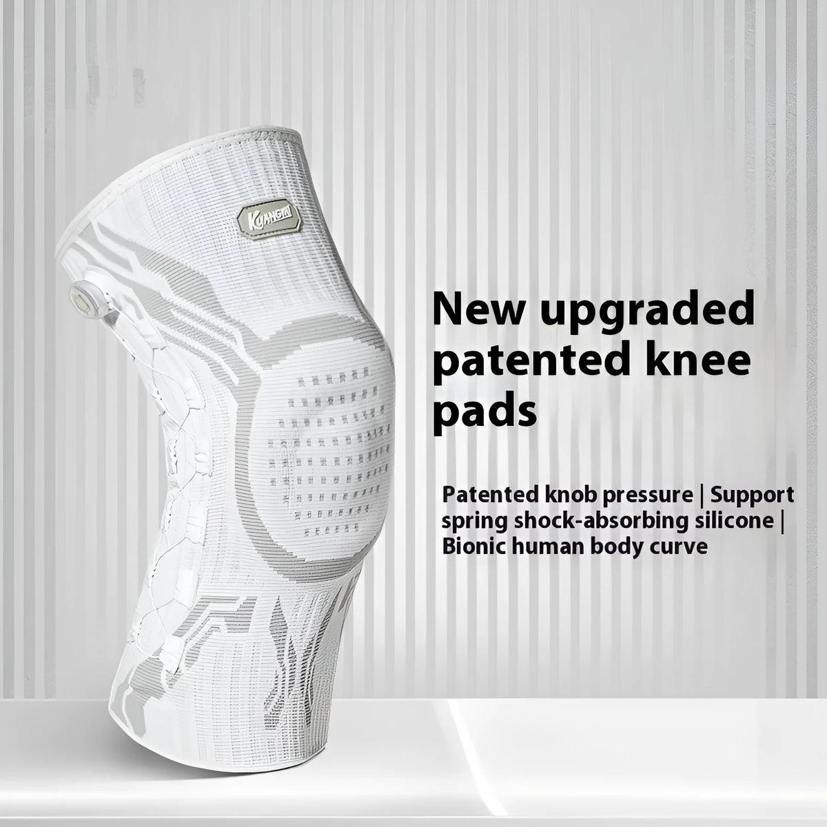 Grey and white sports knee pads for adult athletes in M, L, and XL sizing