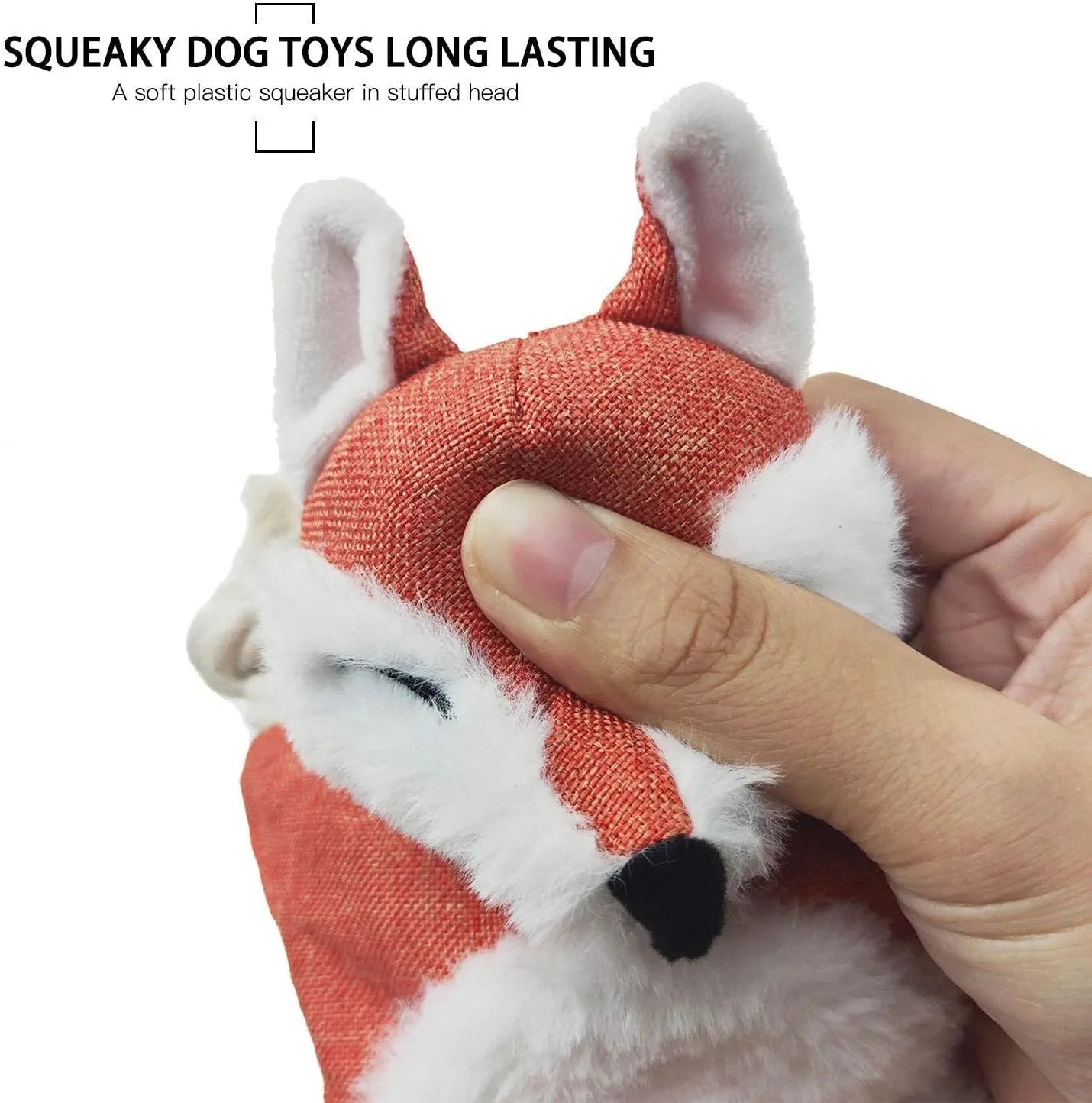 Brown fox-shaped plush dog toy with squeaker, crinkle paper, and cotton ropes in limbs.