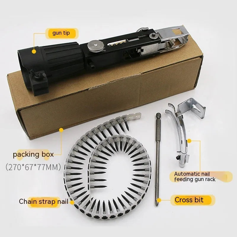 Automatic chain screw gun head electric screwdriver attachment with cross head bit and gun rack