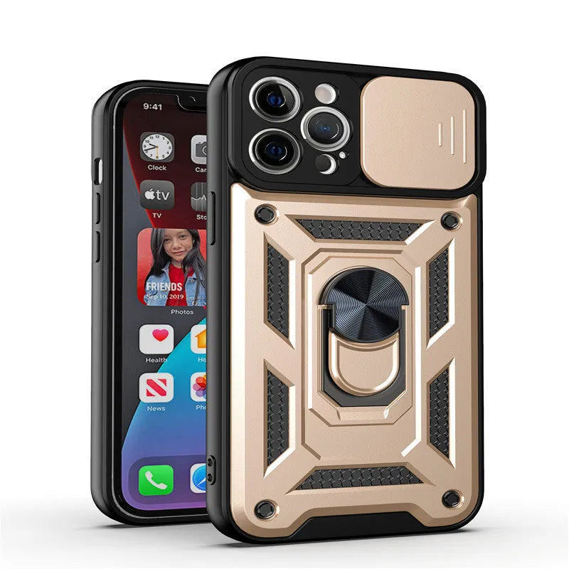 Sergeant sliding window magnetic phone case in blue, shown with bracket extended, for iPhone models.