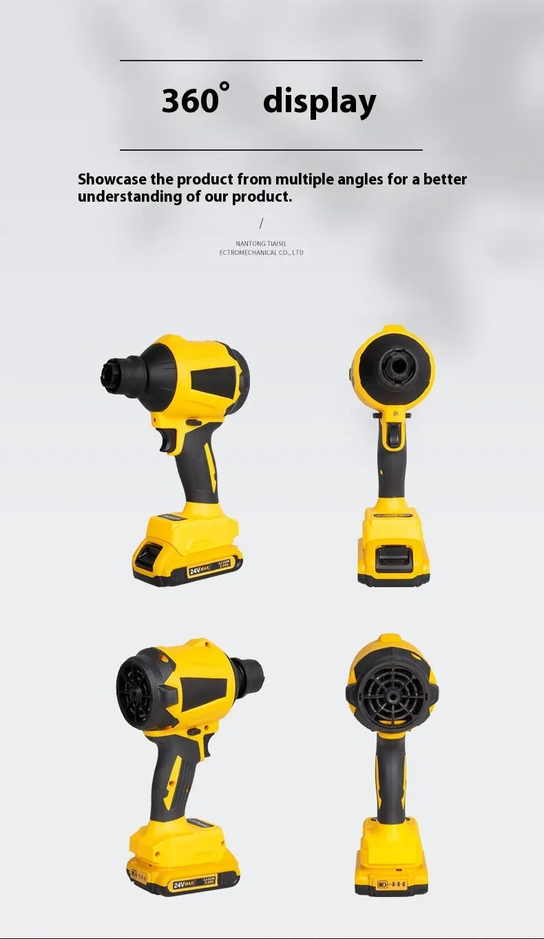 Yellow cordless dust gun with 18V lithium battery and accessories for household and office cleaning