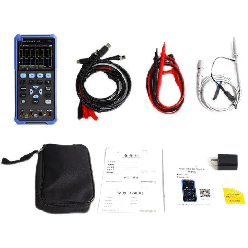 Owon HDS272 handheld digital oscilloscope with testing probes and accessories for automotive electronics repair