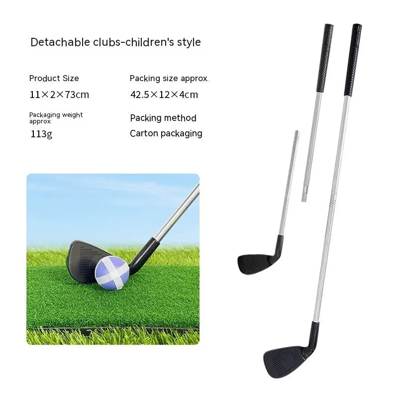 Metal golf club set showing adult and children's clubs for outdoor sports practice
