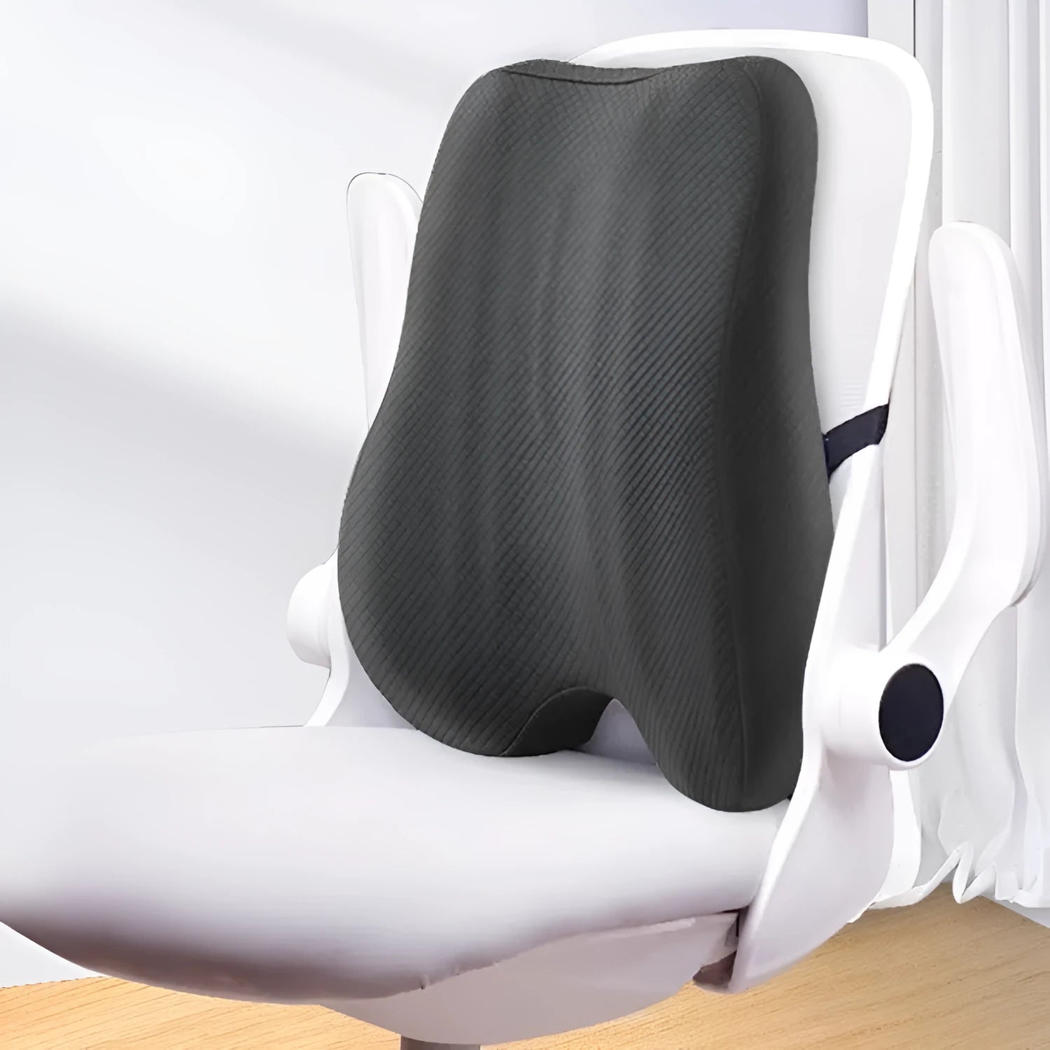 Grey lumbar support cushion for office chairs measuring 40cm wide with ergonomic design