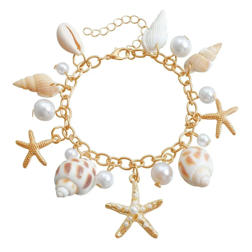 Women's alloy waist chain and matching bracelet with shell and star decorations.