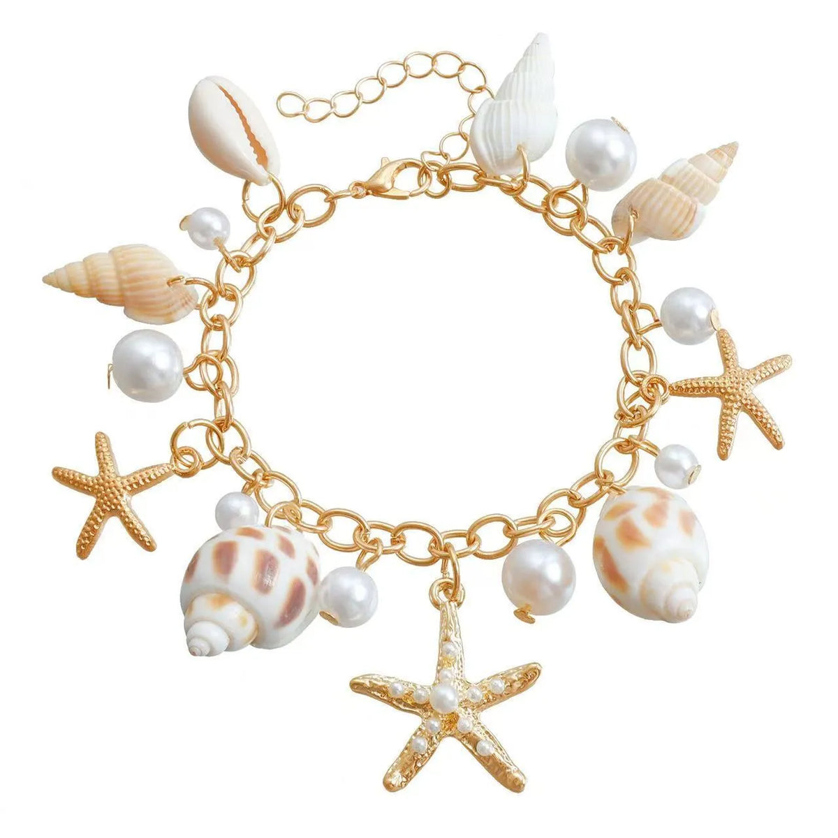 Women's alloy waist chain and matching bracelet with shell and star decorations.