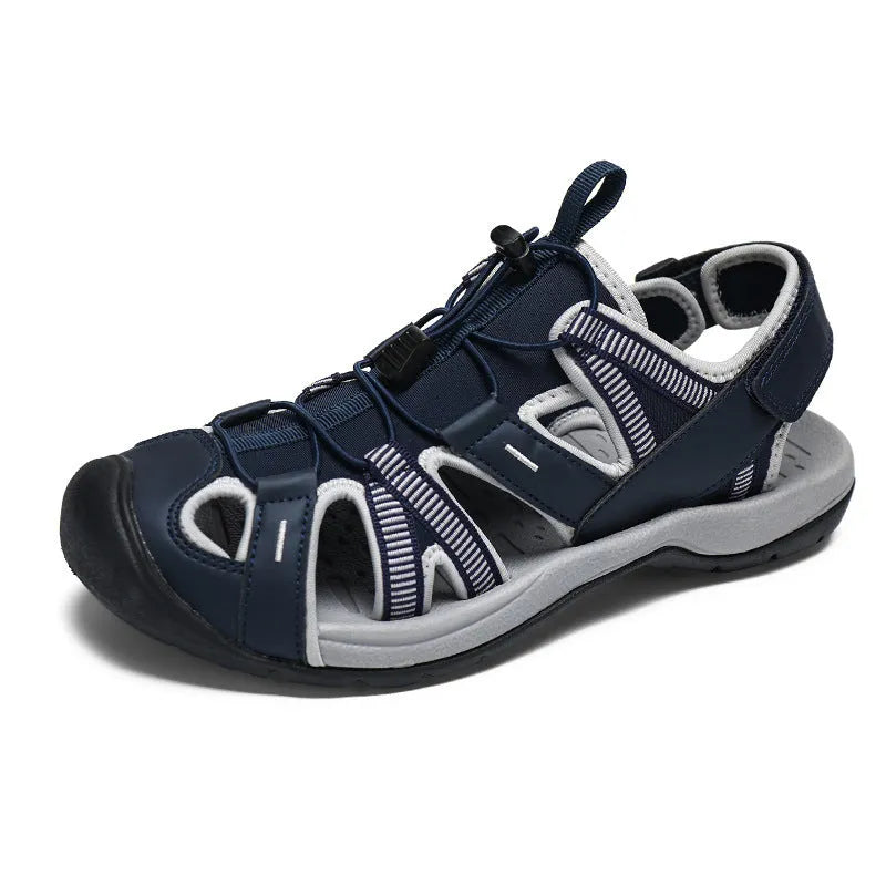 Men's blue outdoor casual sports shoes with Velcro closure and mesh upper