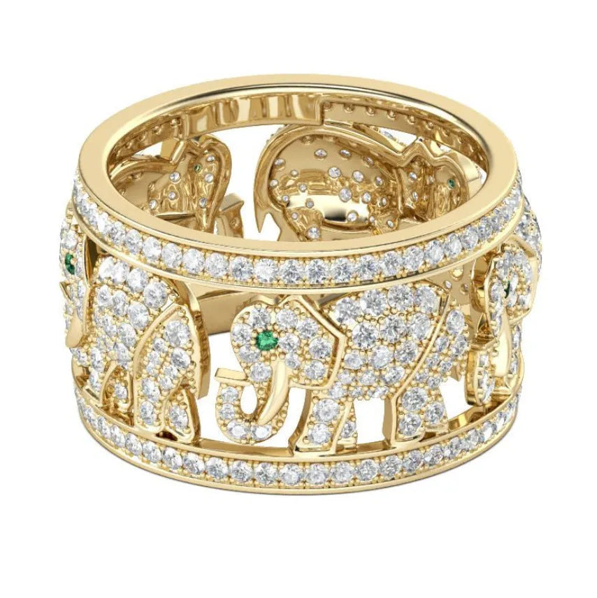 Elephant design ring with full diamond decoration and electroplated alloy construction