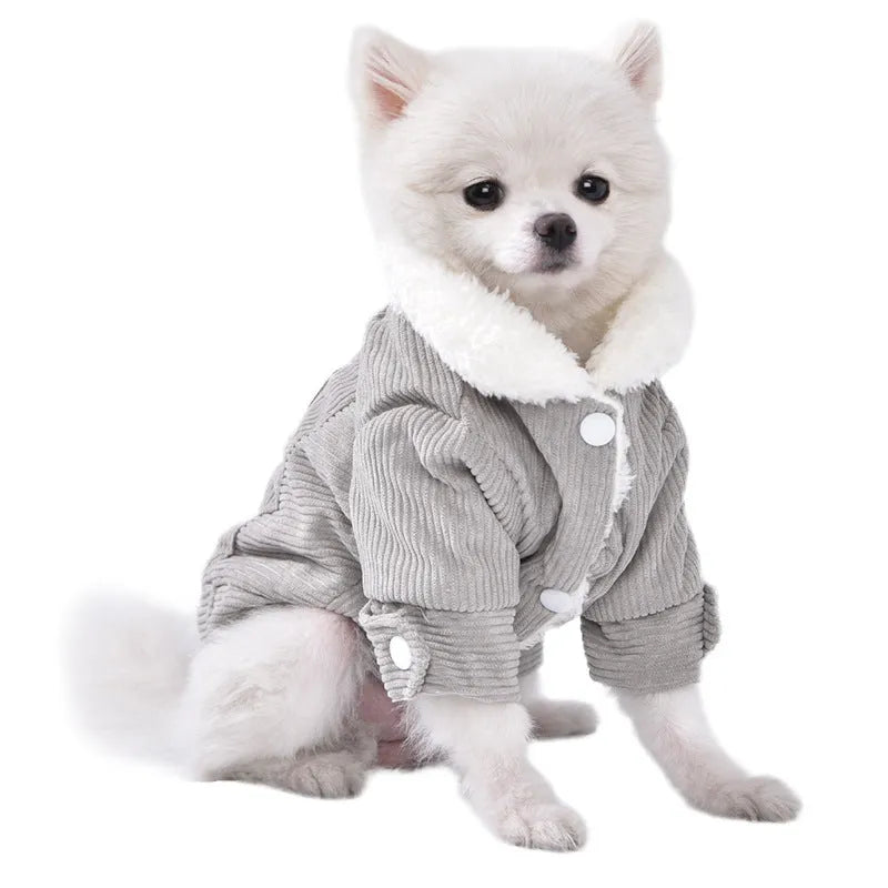 Dog wearing grey lambswool fleece-lined vest for autumn and winter warmth keeping