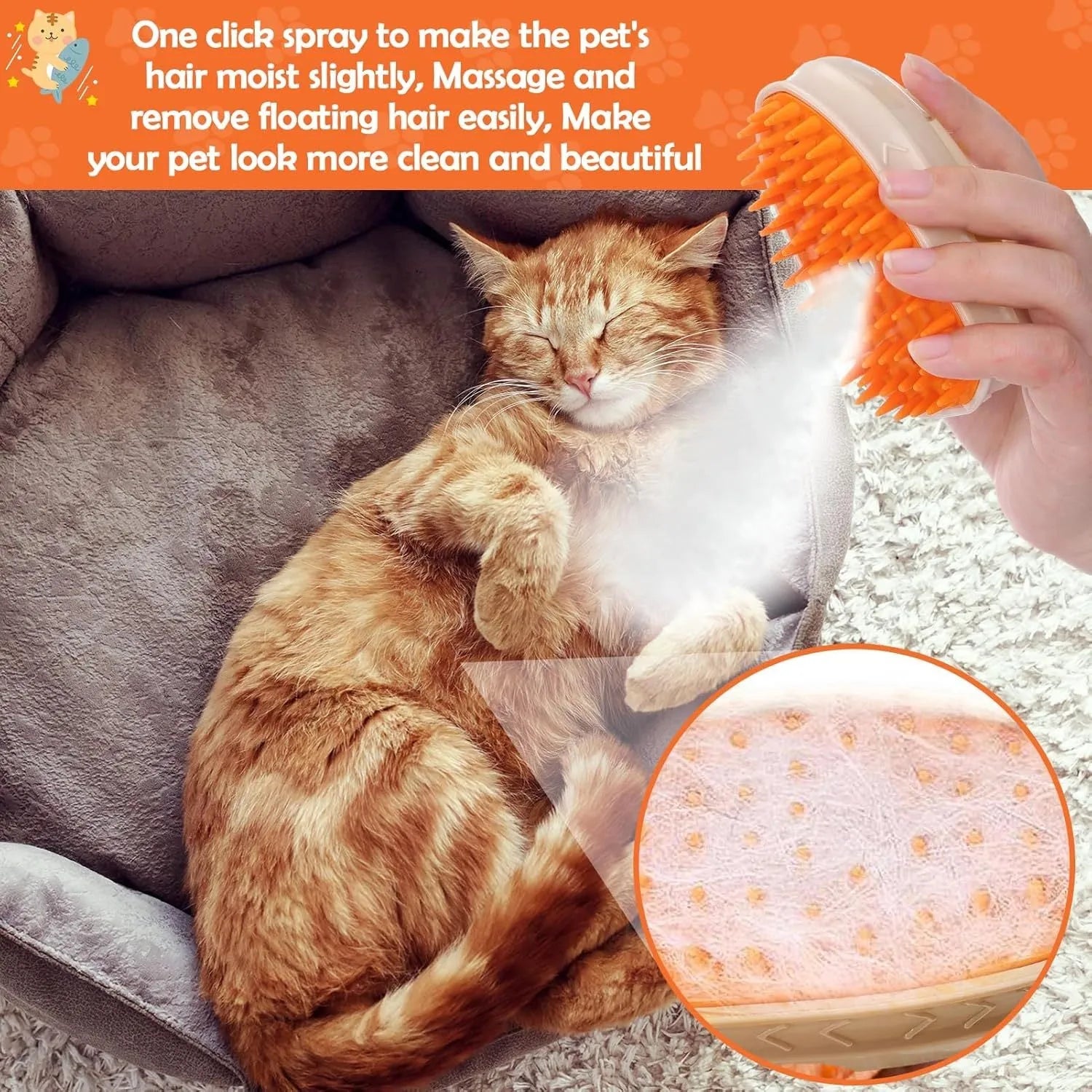 Yellow cat steam brush with silicone bristles, water reservoir, and ringworm detection light